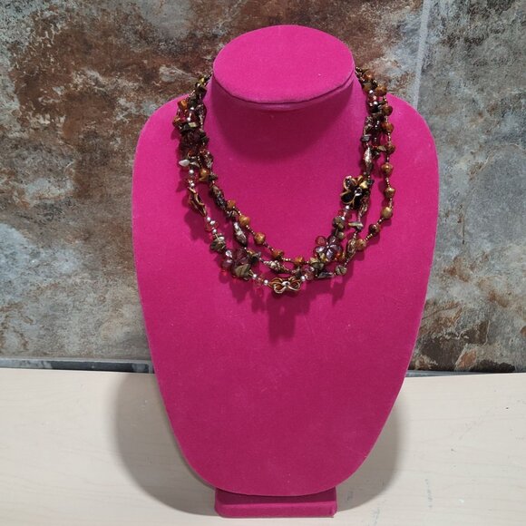 Multi Strand Beaded Necklace Brown Amber Bronze Beads - Picture 2 of 10